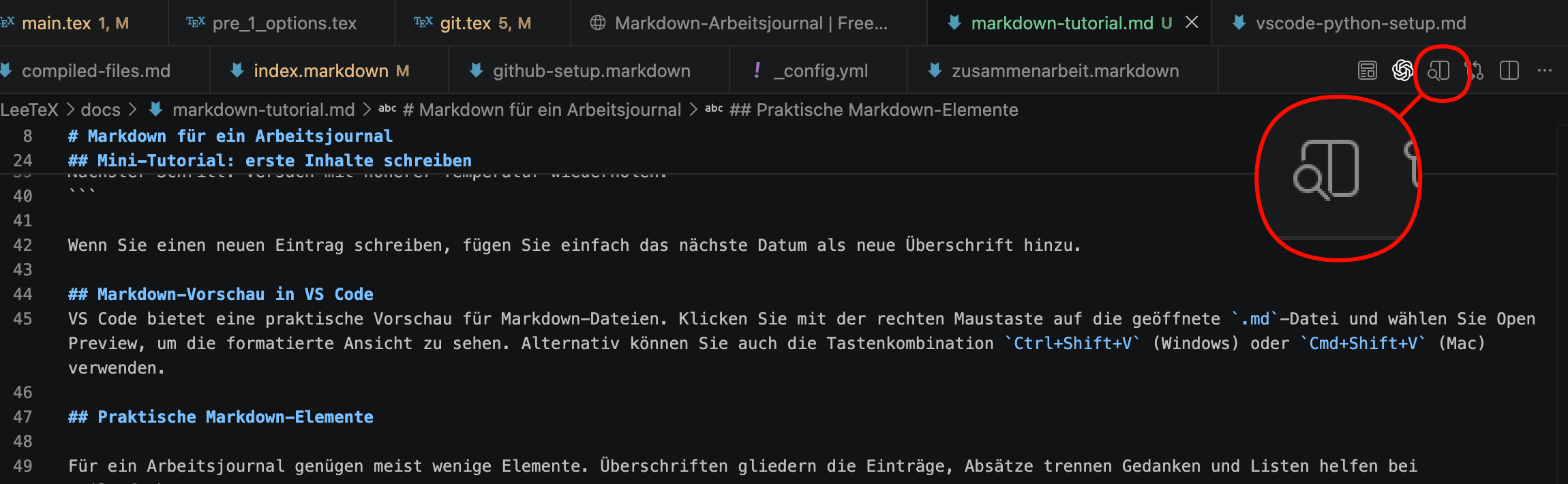 Markdown-Vorschau in VS Code