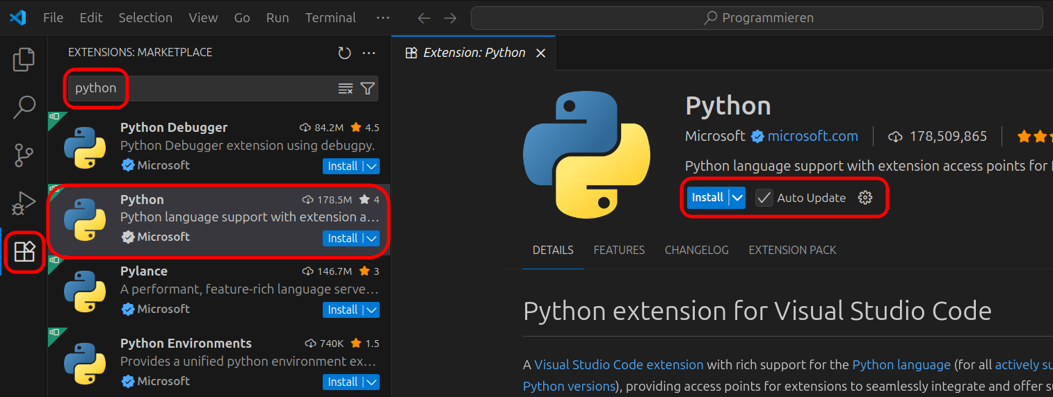 Python-Erweiterung in VS Code installieren