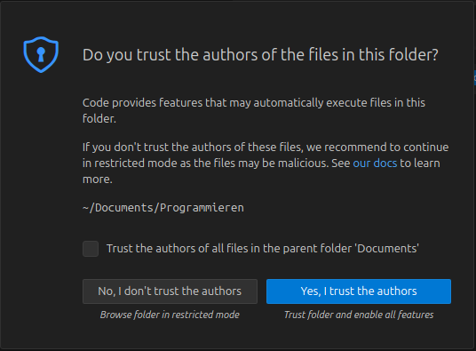 Trust-Authors-Meldung in VS Code