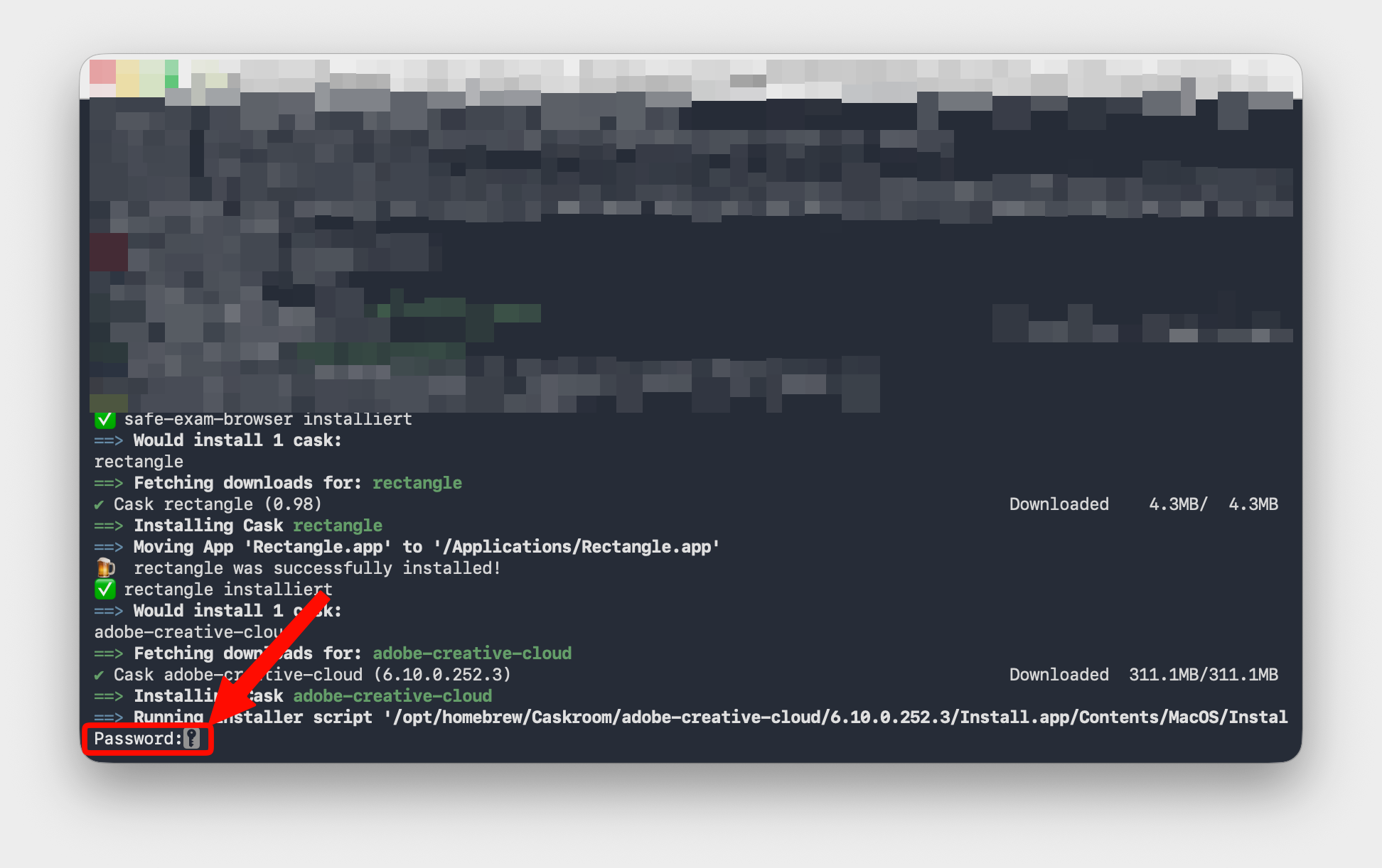 Passworteingabe im Terminal während der Installation